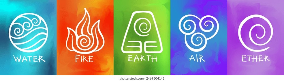 A vector banner or clip art set, with symbols of the four classical elements - water, fire, earth, and air, as well as ether or spirit, each depicted against vivid mystical colored background.