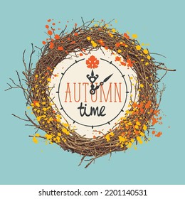 Banner vectorial y cara de reloj e inscripción Hora de otoño con correa de ramas de árbol y hojas de otoño en estilo retro. Ilustración decorativa vectorial. Adecuado para volante, pancarta, afiche