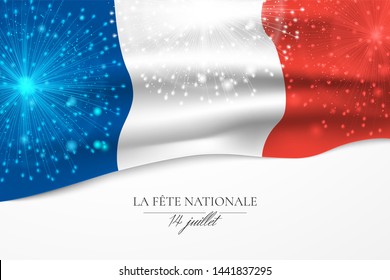 Vector banner with close-up of french flag, tricolor fireworks and text “La Fête Nationale, 14 juillet” (The National Day, 14th July) for Bastille day. Festive background with place for text.