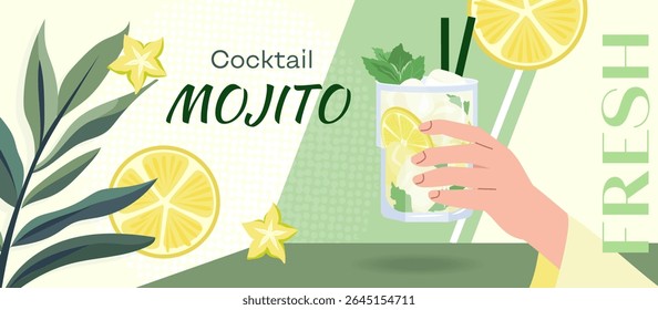 Vector banner with cocktail Mojito in glass with lime, ice, mint leaves and straw. Hand holding summer drink Flat design with tropical leaves and citrus for print, bar promotion, party invitation