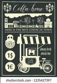 Vector banner for a coffee house and set of design elements with mobile coffee shop, old cityscape and handwritten inscriptions in retro style. Drawing chalk on the blackboard.