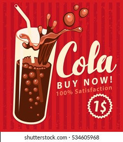 vector banner with cola drink glass in retro style