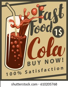 vector banner with cola drink glass and inscriptions in retro style