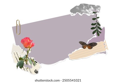 Vektorbanner-Collage aus zerrissenem Papier und Blumen. Trendy retro style.Ripped Zeitung, retro Blume, Schmetterling, zerrissene Notizbuch Blätter, altes Papier im Grunge-Stil.