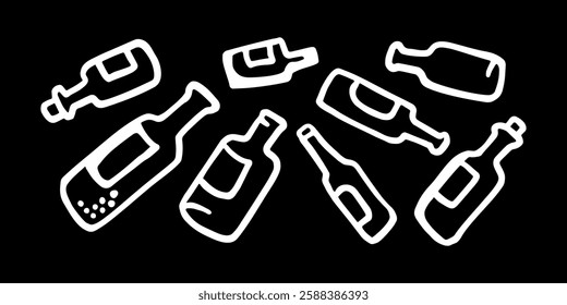 vector banner collection of different glass bottles on a black background, in a cartoon style drawn with a white pen