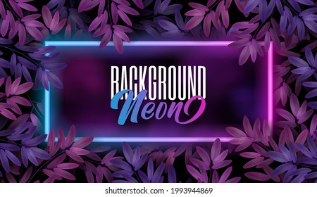 Vector banner with color Tree leaves and neon frame on black background. Botanical Design element ad, sign, poster, banner.