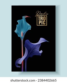 Vektorbanner mit tropischem Farbblatt und Blume auf schwarzem Hintergrund. Luxury exotische botanische Design für Kosmetik, Hochzeitseinladung, Sommerbanner, Parfüm, Schönheit, Reisen, Verpackungsdesign