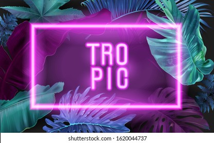 Vector banner with color tropical leaves and neon letters on black background. Botanical design for tropical night party, wedding invitation, cosmetics, spa, beauty salon, travel agency, florist shop