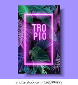 Vector Banner With Color Tropical Leaves And Neon Letters On Black Background. Botanical Design For Tropical Night Party, Wedding Invitation, Cosmetics, Spa, Beauty Salon, Travel Agency, Florist Shop