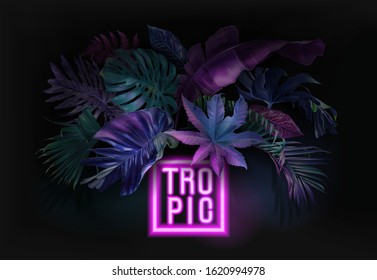 Banner vectorial con hojas tropicales de color y letras de neón sobre fondo negro. Diseño botánico para fiesta nocturna tropical, invitación a la boda, cosméticos, spa, salón de belleza, agencia de viajes, tienda de floricultura