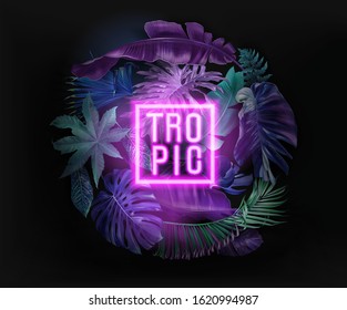 Vector banner with color tropical leaves and neon letters on black background. Botanical design for tropical night party, wedding invitation, cosmetics, spa, beauty salon, travel agency, florist shop