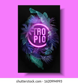 Vector banner with color tropical leaves and neon letters on black background. Botanical design for tropical night party, wedding invitation, cosmetics, spa, beauty salon, travel agency, florist shop