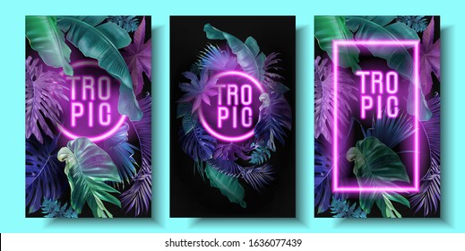 Vector banner with color tropical leaves and neon letters on black background. Botanical design for tropical night party, wedding invitation, cosmetics, spa, beauty salon, travel agency, florist shop