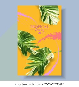 Vector banner of color tropical leaves on colorful background. Exotic botanical design for cosmetics, spa, perfume, beauty salon, travel agency, florist shop. Best as packaging design