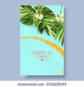 Vector banner of color tropical leaves on colorful background. Exotic botanical design for cosmetics, spa, perfume, beauty salon, travel agency, florist shop. Best as packaging design