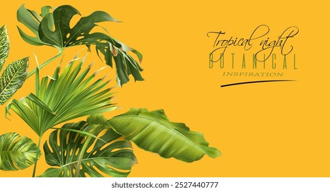 Vector banner of color tropical leaves on colorful background. Exotic botanical design for cosmetics, spa, perfume, beauty salon, travel agency, florist shop. Best as packaging design
