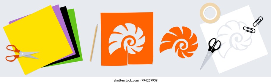 Vector banner with colored paper, pencil, adhesive line, clips, scissors and silhouette of cockle shell cut out from paper