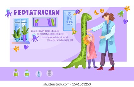 Vector banner “Pediatrician” in colorful cartoon style. Female young doctor is measuring young girl’s height in kids’ clinic. Interior with window, shelve and vision chart.