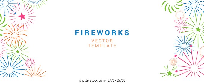 Vector banner with colorful fireworks. Festive background for holiday, party, Christmas, birthday, carnival, Independence day. Celebration vector banner. Hand drawn vector template