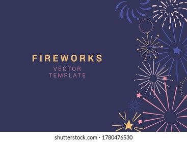 Vector banner with colorful hand drawn fireworks. Festive background for holiday, party, Christmas, birthday, carnival, Independence day. Celebration vector banner. Vector template