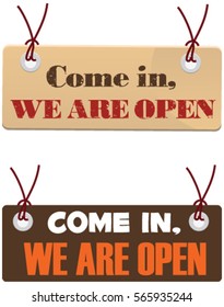 Vector banner come in we're open sign for business or shop or restaurant near window or door.