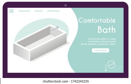 Vector banner of comfortable bath in isometric view. Plumbing in bathroom concept. Illustration of sanitary engineering for modern design interior in bathing room. Banner template design, landing page