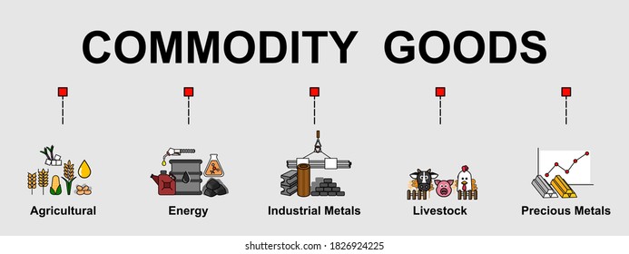 The vector banner of commodity goods topic, with 5 types of commodity. Creative flat design for web banner and business presentation.