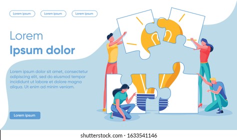 Vector Banner Composing Ideas From Puzzle Pieces. Illustration Boys And Girls In Casual Clothes Put Together Large Elements Puzzles. People Collect Luminous Bulb From Puzzles. Landing Page.