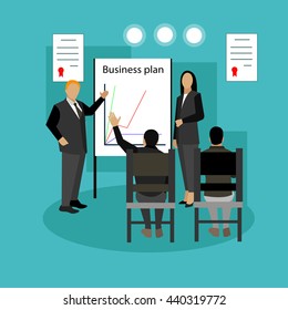 Vector banner concept with business presentations and meetings. Flat design of business people or office workers. Office interior.