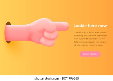 Vector banner concept - cartoon 3d realistic hand pointing at the header, with place for your text and button.