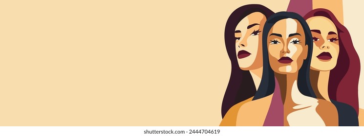 Vector banner. The concept of feminism, gender equality, protection of women's rights and freedoms. Different strong women stand shoulder to shoulder