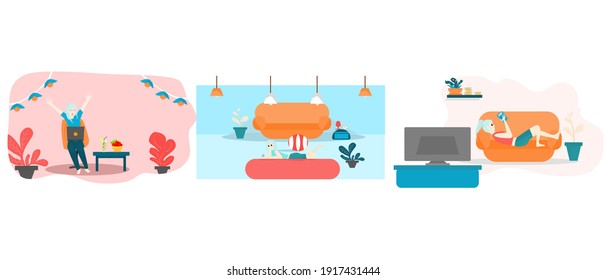 Vector banner Concept happy set, lifestyle relax. A woman lying on the phone on the sofa in the living room, a woman playing happily.  With the laptop in front of me, a girl reading on the sofa. 