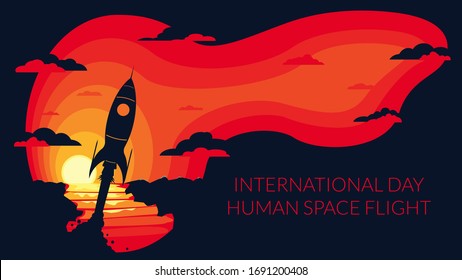 Cartel vectorial. Concepto: Día internacional del vuelo espacial tripulado, día de la aviación y la astronáutica. Despegan cohetes al amanecer. El estilo es un espacio negativo.