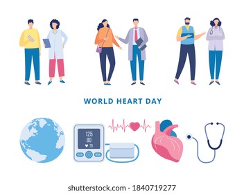 Vector banner with concept of World heart day. Doctors and patients icons of globe, human heart, heartbeat line, stethoscope and pressure measuring device. Health care lifestyle