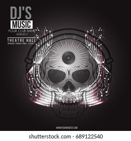 Vector banner for the concert of DJ`s music with a skull and headphones