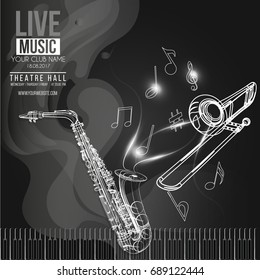 Vector banner for the concert of Jazz live music with a saxophone, trombone, piano keys and notes