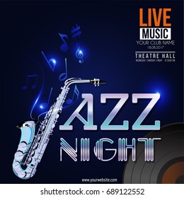Vector banner for the concert of Jazz live music with a saxophone, vinyl record and notes