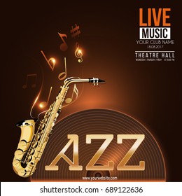 Vector banner for the concert of Jazz live music with a saxophone, vinyl record and notes