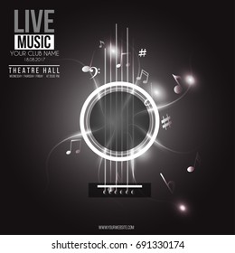 Vector banner for the concert of Jazz live music with a guitar and notes