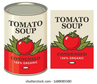 Vector banner for condensed tomato soup. Illustration of a label with a ripe red tomato and a tin can with this label. Canned food during quarantine, long-term storage product