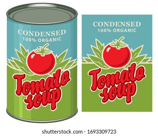 Pancarta vectorial para sopa condensada de tomate. Etiqueta decorativa con tomate rojo maduro, hojas verdes, inscripción y lata con esta etiqueta. Alimentos en conserva durante la cuarentena, producto de almacenamiento a largo plazo