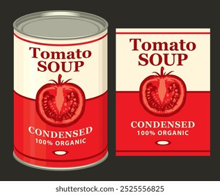 Banner de vetor para sopa de tomate condensada. Ilustração de um rótulo com um tomate vermelho maduro semirrealista e uma lata de estanho com este rótulo. Alimentos enlatados durante a quarentena, produto de armazenagem a longo prazo