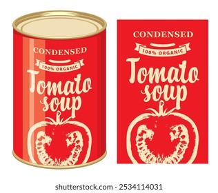 Banner de vetor para sopa de tomate condensada. Ilustração de um rótulo com um tomate vermelho maduro semirrealista e uma lata de estanho com este rótulo. Alimentos enlatados durante a quarentena, produto de armazenagem a longo prazo