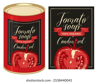 Banner de vetor para sopa de tomate condensada. Ilustração de um rótulo com um tomate vermelho maduro semirrealista e uma lata de estanho com este rótulo. Alimentos enlatados durante a quarentena, produto de armazenagem a longo prazo