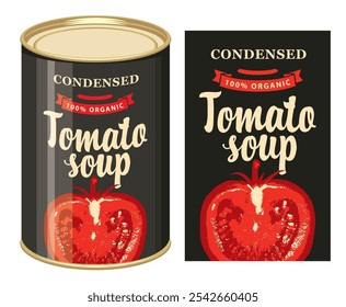 Banner de vetor para sopa de tomate condensada. Ilustração de um rótulo com um tomate vermelho maduro semirrealista e uma lata de estanho com este rótulo. Alimentos enlatados durante a quarentena, produto de armazenagem a longo prazo