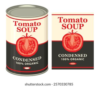 Vector banner for condensed tomato soup. Illustration of a label with a ripe half realistic red tomato and a tin can with this label. Canned food during quarantine, long-term storage product