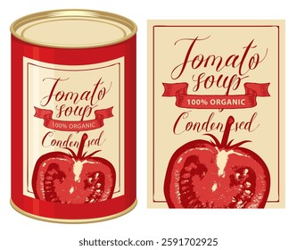 Vector banner for condensed tomato soup. Illustration of a label with a ripe half realistic red tomato and a tin can with this label. Canned food during quarantine, long-term storage product