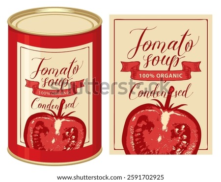 Vector banner for condensed tomato soup. Illustration of a label with a ripe half realistic red tomato and a tin can with this label. Canned food during quarantine, long-term storage product