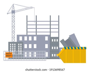 Vector banner of construction site with crane and skyscraper under building object behind the fence, concrete elements in a container, floor slabs. Construction machinery works building a structure