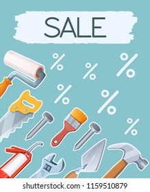 Vector banner construction tools sale. Home repair hand tools set. Store discount promotion and marketing.
